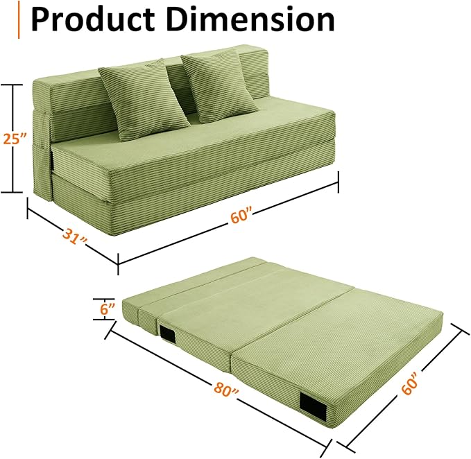 JKMAX Queen Size Folding Sofa Bed - 4 in 1 Convertible Sleeper Chair with Two Pillows - High Density Memory Foam Futon Couch - Foldable Bed for Living Room Bedroom (Green)