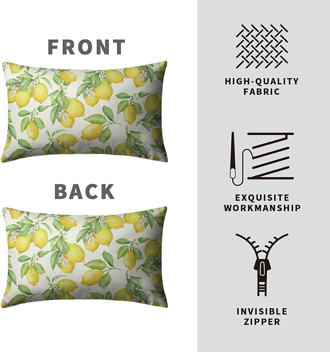 Lemon Pillow Covers 12x20 Set of 2 Yellow Green Fruits and Leaf Floral Throw Pillows Farmhouse Summer Outdoor Decorative Lumbar Pillow Case for Bed Couch Sofa Living Room