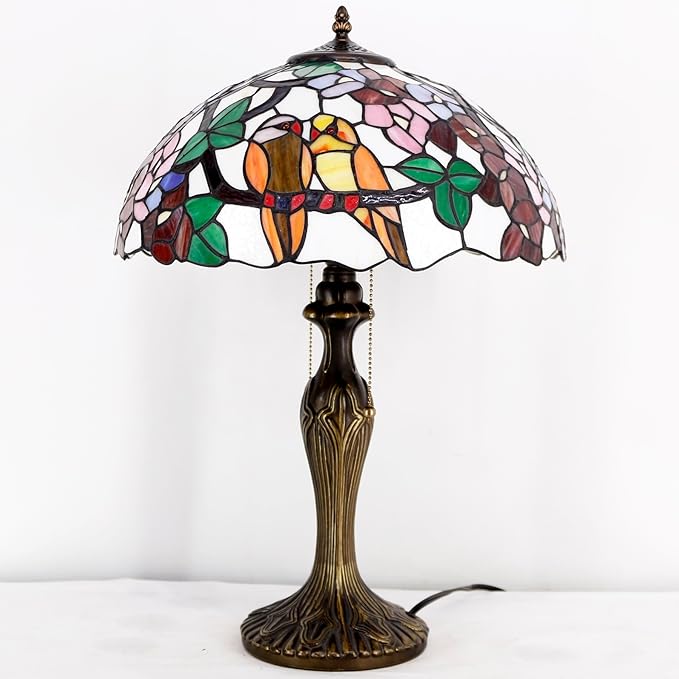 WERFACTORY Tiffany Style Table Lamp Double Birds Colorful Stained Glass Bedside Lamp 16X16X24 Inches Desk Light Metal Base Decor Bedroom Living Room Home Office S803 Series