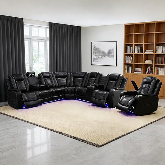 Power Recliner Sectional Sofa Set, Black Leather Sectional Couch and Chair for Living Room, L Shape Reclining Sofa with Cup Holder, Hidden Storage, Drop-Down Table for House(7 Seat)