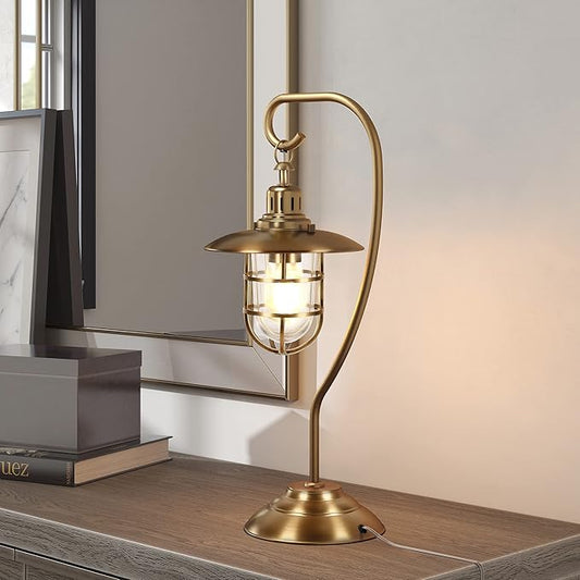 Bay 22" Tall Nautical Table Lamp with Glass/Metal Shade in Antique Brass/Clear