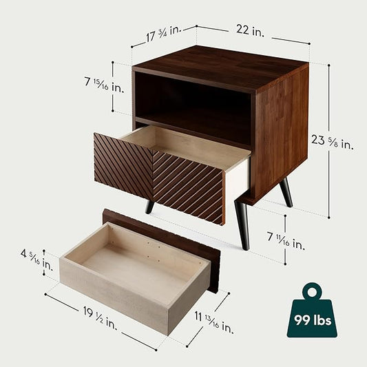 Bme Rhombus Wooden Nightstand with Storage Drawer – Solid Rubber Wood, Geometric Rhombus Pattern Front, Modern Scandinavian Side Table with Metal Base for Bedroom