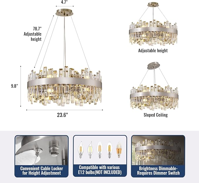 Crystal Chandelier for Dining Room, 12-Light Chrome Silver Round Chandelier, 23.6-inch K9 Crystal Raindrop Ceiling Light, Luxury Flush Mount Light Fixture for Kitchen Living Room