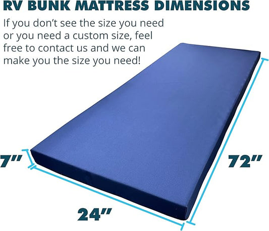 Foamma 7” x 24” x 72” Water Resistant Memory Foam RV Bunk Mattress, Firm High Density Foam Base, Comfortable and Durable Polyester Cover, Truck, Camper, Travel Trailer, Made in USA
