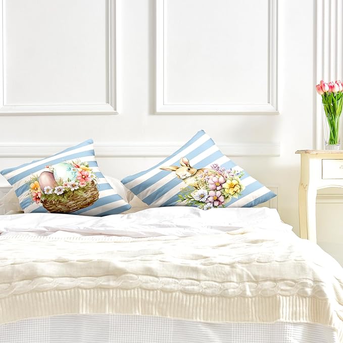 Cute Bunny Easter Pillow Covers 18x18 Set of 2 Egg Rabbit Floral Decorative Throw Pillows Covers Blue and White Striped Pillow Covers Spring Home Decor for Couch Bed