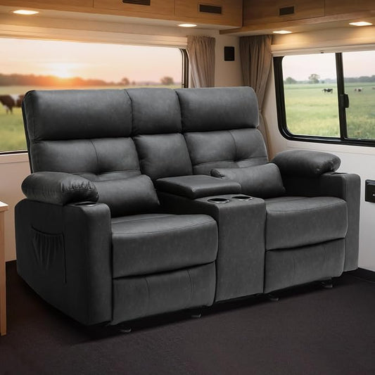 68'' RV Power Loveseat Recliner Sofa with Heat and Massage| RV Loveseat Recliner with Console| Double Reclining Couch with Cup Holder (PU, Black-Gray) | Double Seat, Electric Recliner