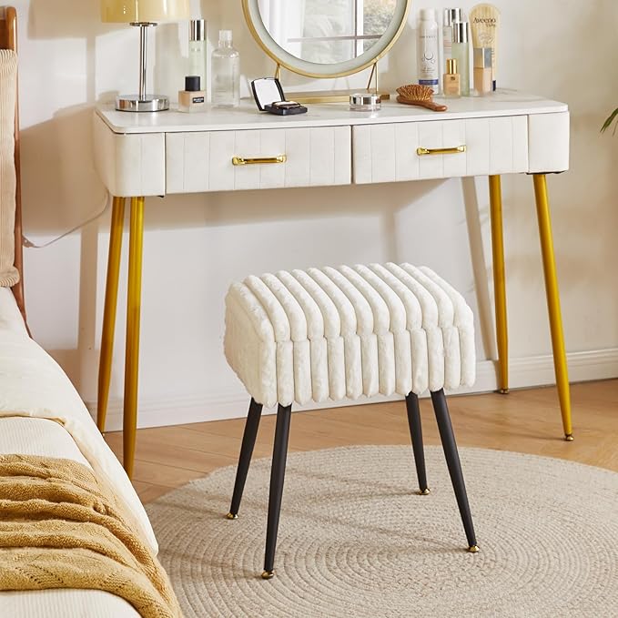 Vanity Stool Chair, Faux Fur Ottoman Foot Stool, Flip Top Storage Makeup Ottoman with Soft Padded Seat, for Makeup Room, White YD-MS151W
