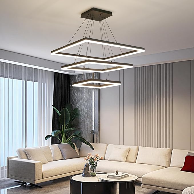Modern LED Chandelier, Black Square Chandelier, 3 Rings Ceiling Pendant Light with Remote Control, Modern Chandelier Lighting for Bedrooms Dining Rooms