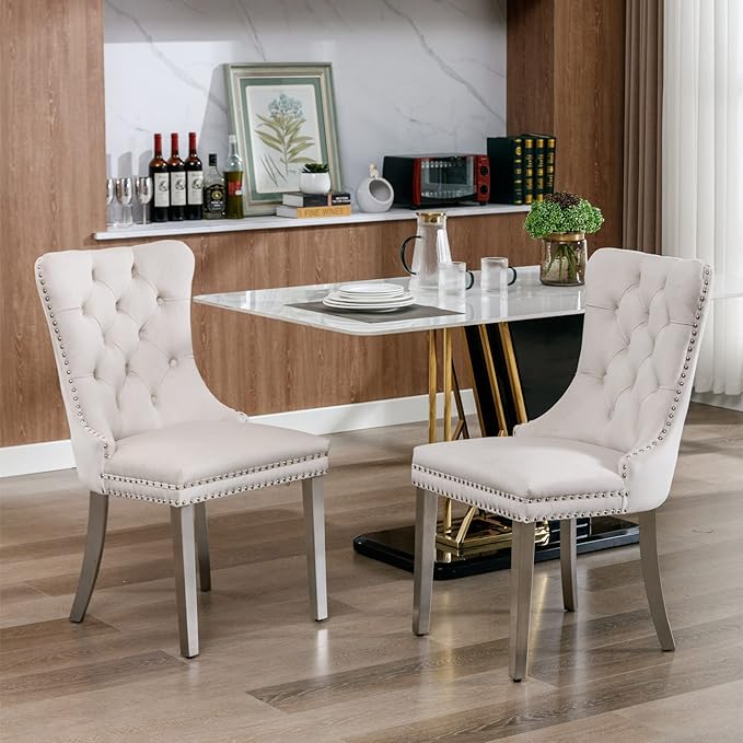 Solid Wood Dining Chair with Nailhead Trim,Velvet Upholstered W/Chrome Stainless Steel Plating Legs,Set of 2,for Living Room,Apartemnt,Beige and Chrome
