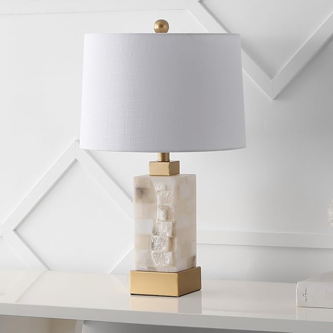 JONATHAN Y 23" Gold/White 2-Light Alabaster and Metal LED Table Lamp, Coastal Glam Modern Bedside Lamp with Nightlight Base and Linen Shade, LED Bulbs Included JYL6202A