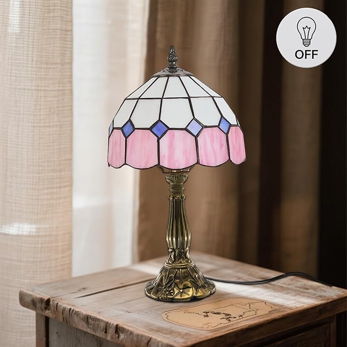 Table Lamp Tiffany-Style 8 Inch Mediterranean Series Stained Glass Lampshades Small Bedside Lamp Reading Antique Desk Light Livingroom Bedroom Office Vintage Art De(Color:Pink)