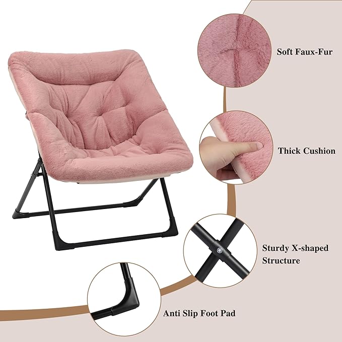 Comfy Saucer Chair for Adults, Soft Faux Fur Bedroom Chair with Ottoman, Accent Dorm Chairs, Living Room Reading Chairs and Footstool, Folding Seat for Teens, X-Large, Dusky Pink