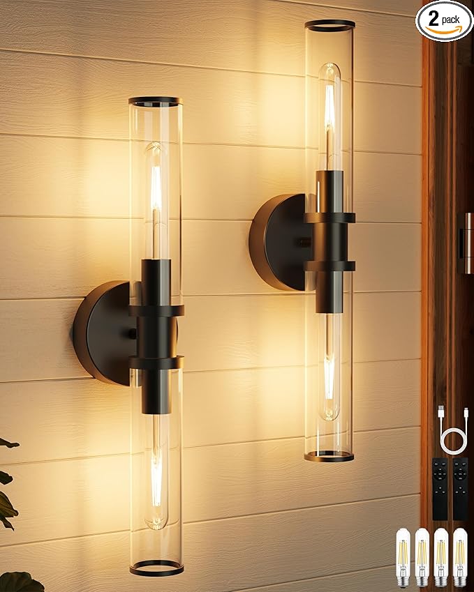 Wireless Wall Sconce with Remote Control, Black Dimmable Rechargeable Battery Sconces Wall Decor Set of 2 with Timer Function for Living Room, Bedroom, Bathroom, Hallway, Entryway 3000K