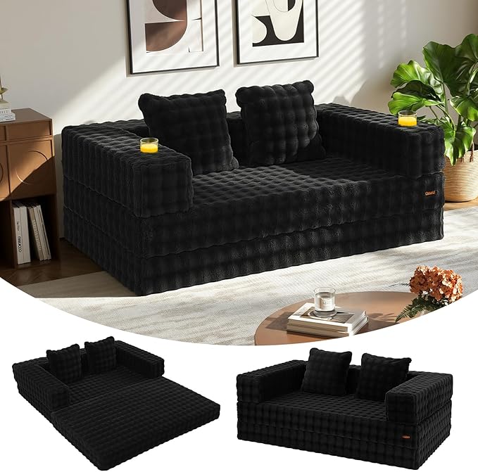 COMAX Futon Sofa Bed, 4‑in‑1 Convertible Sofa Bed, Folding Boneless Couches for Living Room, Fold Out Small Foldable Loveseat Floor Sleeper Comfy Mattress Lounge Space‑Saving, Dark Black | 4-in-1 Convertible, Folding Boneless, Space-Saving, Floor Sleep...