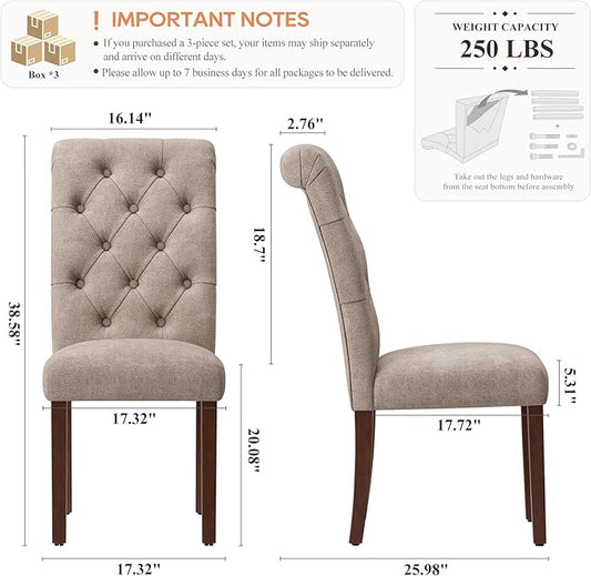 Upholstered Tufted Dining Room Chairs Set of 6, Parsons Kitchen Chairs with Padded Seat and Solid Wood Legs, Fabric Accent Side Diner Chair for Dining Room/Kitchen/Living Room, Camel