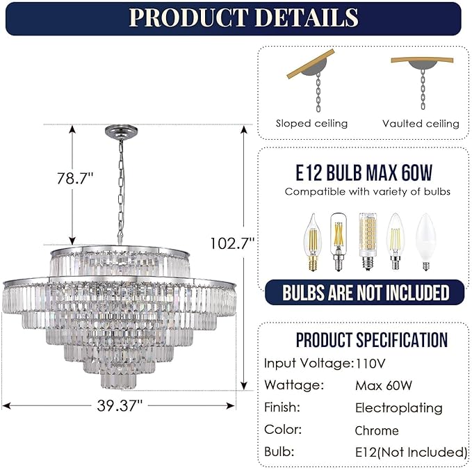 Large Crystal Chandelier Luxury Pendant Ceiling Lights Fixture Hanging Raindrop Pendant Light Fixture for Dining Room Bedroom Living Room-Chrome, 39 Inch