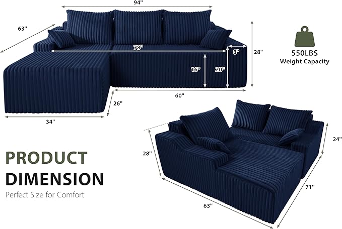 HABUTWAY 94'' Cloud Sectional Couch, Boneless Sofa with Deep Seat, Modular Comfy L-Shape Couch with Chaise for Living Room Bedroom, No Assembly Required(Blue,Left Facing Chaise)