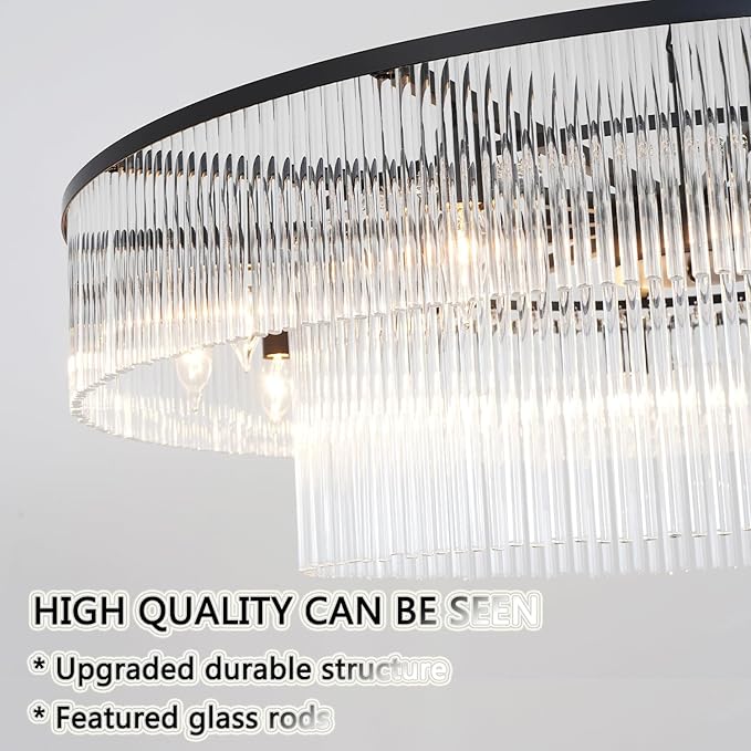 Black Glass Chandelier, Large Modern 2-Tier Glass Rod Chandelier Lighting for High Ceiling Foyer Hall Staircase, 12-Light Round Hanging Ceiling Light Fixture 39"