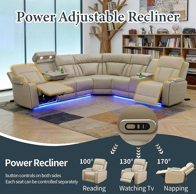 Power Recliner Sectional Sofa Set, Beige Leather Sectional Couch and 3 Seater Sofa for Living Room, L Shape Reclining Sofa with Cup Holder, Hidden Storage, Drop-Down Table for House(9 Seat)
