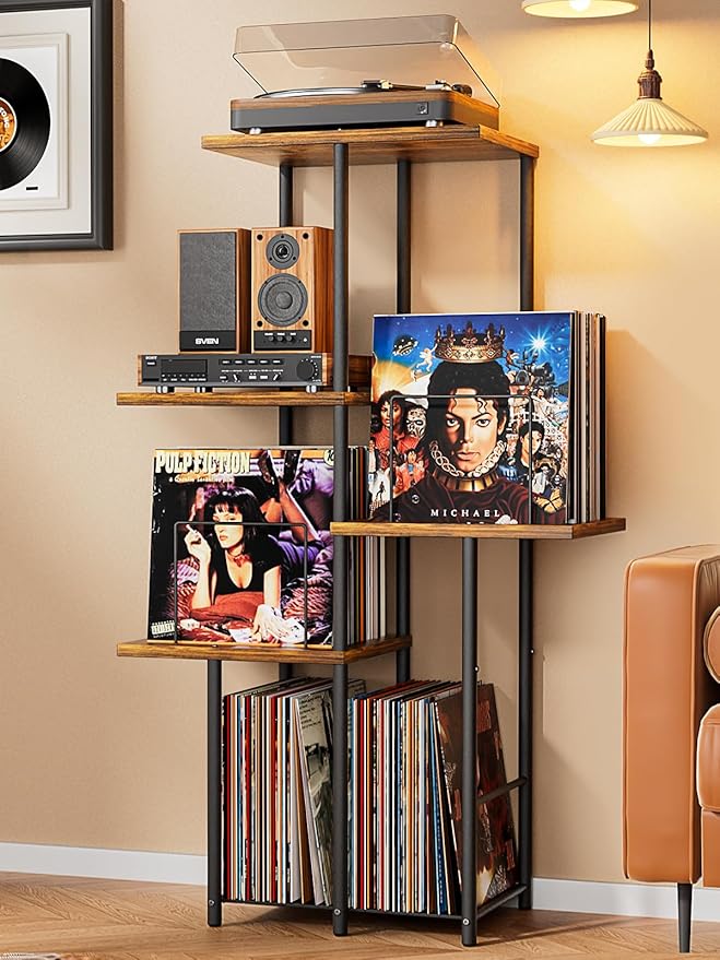 Record Player Stand, Vinyl Record Storage Holder with Display Shelf, Turntable Stand Table with Vinyl Organizer Dividers Album Rack, Vintage Style Record Cabinet Wood, Mid Century Modern Tall Console