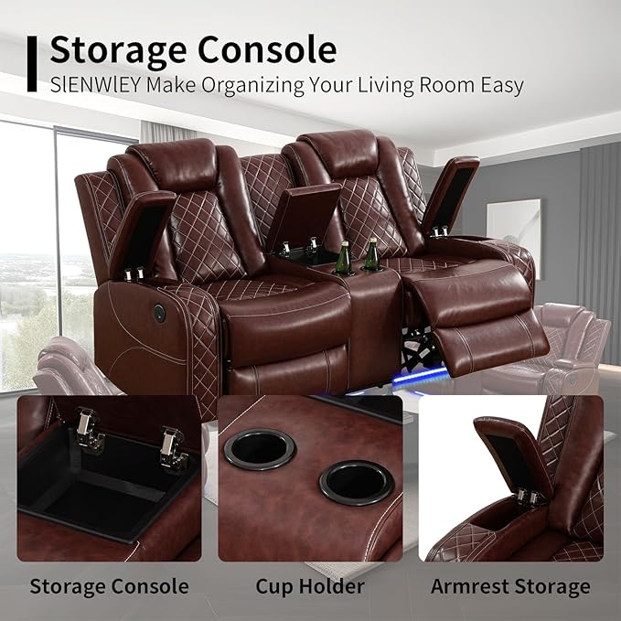 Power Leather Recliner Sofa Set with LED Light,Reclining Sofa and Loveseat,Leather Couch Set for 3 Seats Couch with Coffee Table/Loveseat with Storage Console 2 PCS for Living Room(Red,3+2)