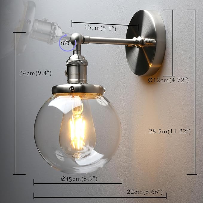 PERMO Vintage Industrial Wall Sconce Lighting Fixture with Mini 5.9" Round Clear Glass Globe Hand Blown Shade (Brushed)