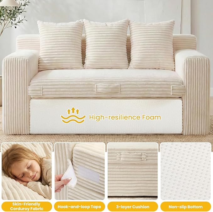 Boneless Couch,3 Seater Boneless Couch Bed – 3-in-1 Convertible Sleeper Sofa with Side Pockets & Handle,Pull Out Corduroy Futon for Small Space,Living Room & Bedroom, 3 Pillows Included,No Assembly