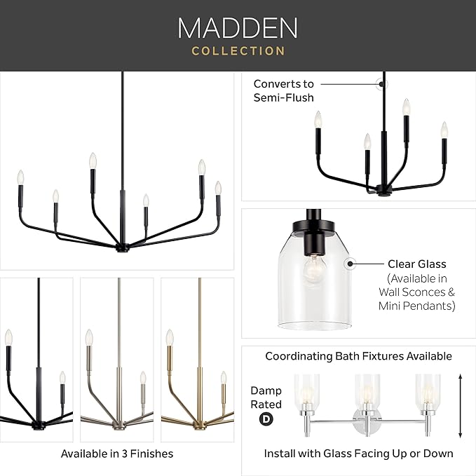 Kichler Madden 1-Light Wall Sconce with Clear Glass in Black, Sloped Ceiling Compatible, for Bathroom or Hallway (14.75" x 5"), 55183BK