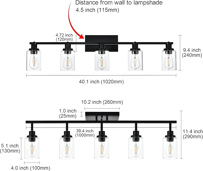 MELUCEE 5 Light Vanity Lights for Bathroom with Rotatable Light Head, Black Ceiling Light Fixture with Clear Glass Shade, Modern Spotlight Track Lighting Kit for Hallway Porch Foyer Bath