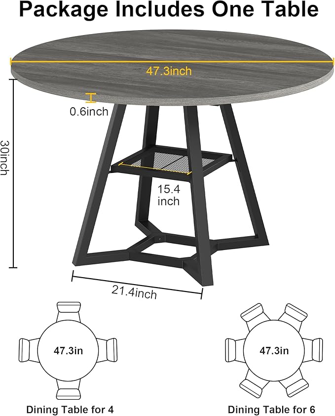 Round Dining Table for 4, Kitchen Tables Dining Room Circle Dinner Table with Pedestal Metal Frame, Space Saving Wood Industrial Kitchen & Dining Room Tables, Grey 47In