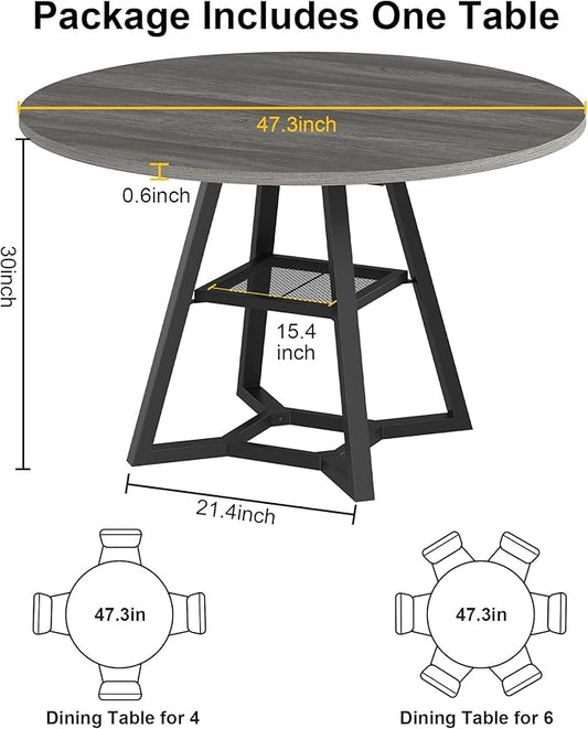 Round Dining Table for 4, Kitchen Tables Dining Room Circle Dinner Table with Pedestal Metal Frame, Space Saving Wood Industrial Kitchen & Dining Room Tables, Grey 47In