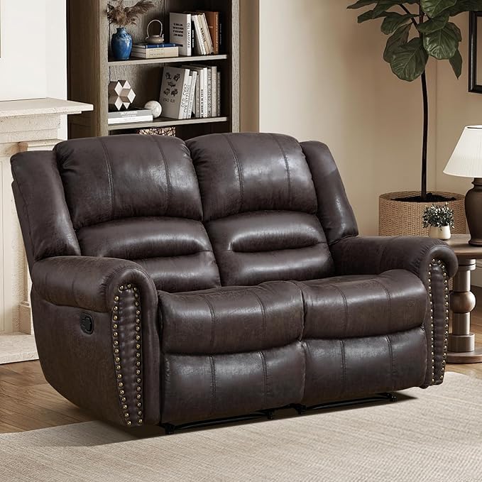 EBELLO Faux Leather Manual Loveseat Recliner, 2 Seat Reclining Sofa Chair with Soft Padded Seat Backrest, Vintage Rivet Mid-Century Design for Living Room, Bedroom, Dark Brown