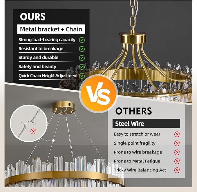 Gold Round LED Crystal Chandelier for Dining Room - 21.6" Luxury 3 Colors Stepless Dimmable Chandeliers,Modern Adjustable Height Pendant Ceiling Light Fixture for Living Room Foyer With Remote Control