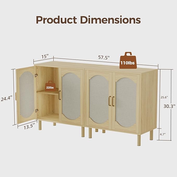Buffet Cabinet with Storage, Imitation Fabric Arched Sideboard with Adjustable Shelves, Coffee Bar Cabinet for Kitchen, Living Room, Hallway, Entryway, Oak, 2 PCS
