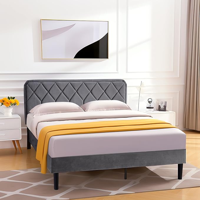 VECELO Queen Size Bed Frame, Velvet Upholstered Platform with Adjustable Headboard, Mattress Foundation with Solid Wood Slats, No Box Spring Needed, Easy Assembly