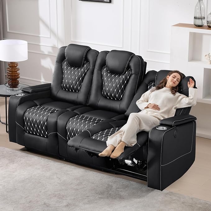 ANJ Recliner Sofa,Power Reclining Couch with USB Ports and Cup Holders - Overstuffed Electric Living Room Seating PU Leather Recliner Sofa Set with Hidden Arm Storage, Easy to Clean (Black)
