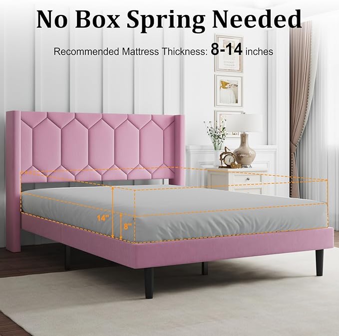 Full Size Bed Frame with Velvet Upholstered Headboard, Platform Bed Frame No Box Spring Needed, Modern Bedframe with Strong Wooden Slats, Pink