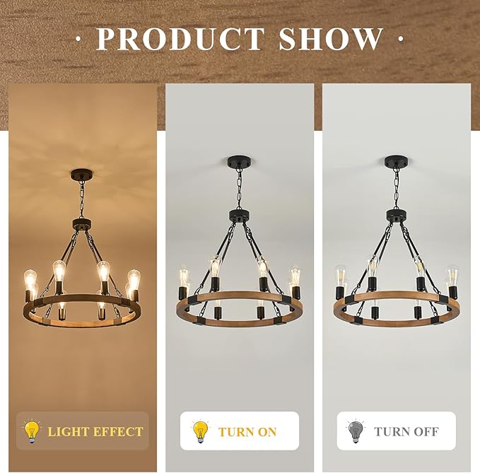 23.6'' Farmhouse Wooden Wagon Wheel Chandeliers 8 Lights Rustic Oak Wood Round Chandelier with Black Chain Natural Pendant Light Fixture for Living Dining Room Kitchen Entryway Foyer