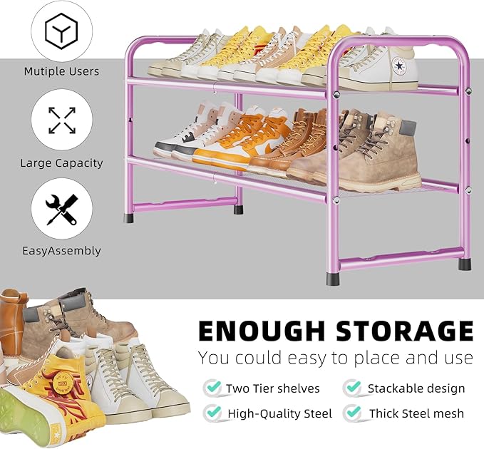 SUFAUY 2 Tier 33" Wide Shoe Rack Closet Metal Mesh, Stackable, Pink