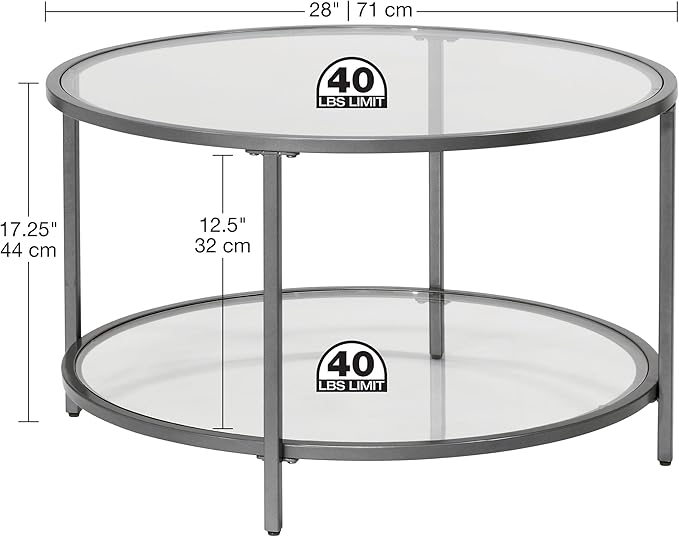 Camber Elite Metal and Glass Round Coffee Table, 28 Inches