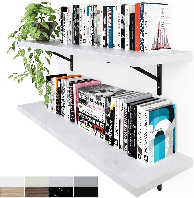 Kaboon 36 inch Long 10 inch Deep Floating Shelves for Wall Set of 2, Large Open Shelves Wall Mounted, Space Saving Home and Commercial Use, White Rock
