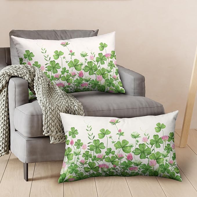 Green Shamrock St Patricks Day Lumbar Pillow Covers 12x20 Set of 2 Watercolor Lucky Clovers Floral Pillow Cover Spring St. Patrick's Day Outdoor Decorative Pillow Case for Home Couch Sofa
