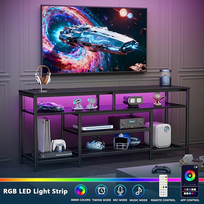 Furologee TV Stand with Power Outlets and LED Lights, 55 Inch Entertainment Center for 55 60 Inch TVs, Media Console Table with Open Shelves, for Bedroom, Living Room, Black