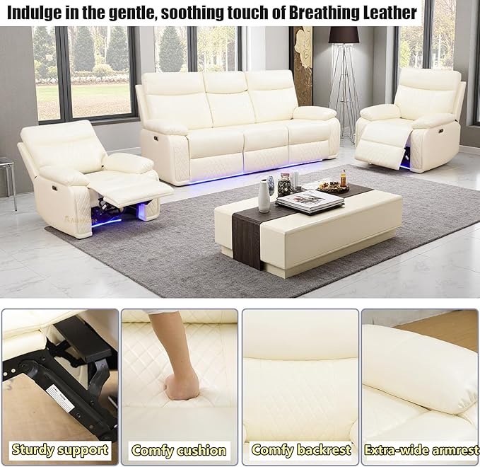 A Ainehome Power Recliner Sofa Set, Vanilla White Leather Reclining Couch & Chair Set, Living Room Furniture Sets, Luxury 3 Piece Living Room Furniture with Storage/Charging for Office/Home Theater