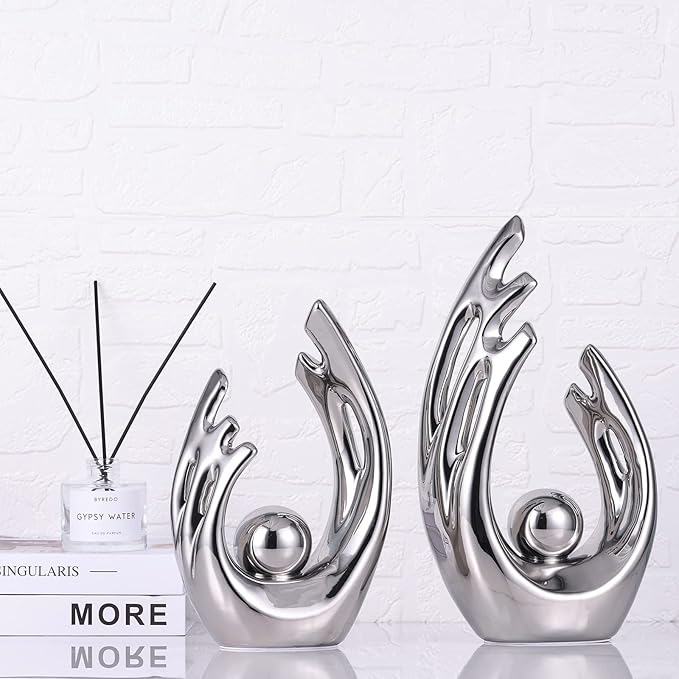LCCCK 12" H Silver Aesthetic Room Decor Accent, TV Stand Funky Table Centerpiece, Abstract Art Ceramic Statue and Sculpture, Silver Decor for Living Room, Bookshelf Decorative Objects, Shelf Decor
