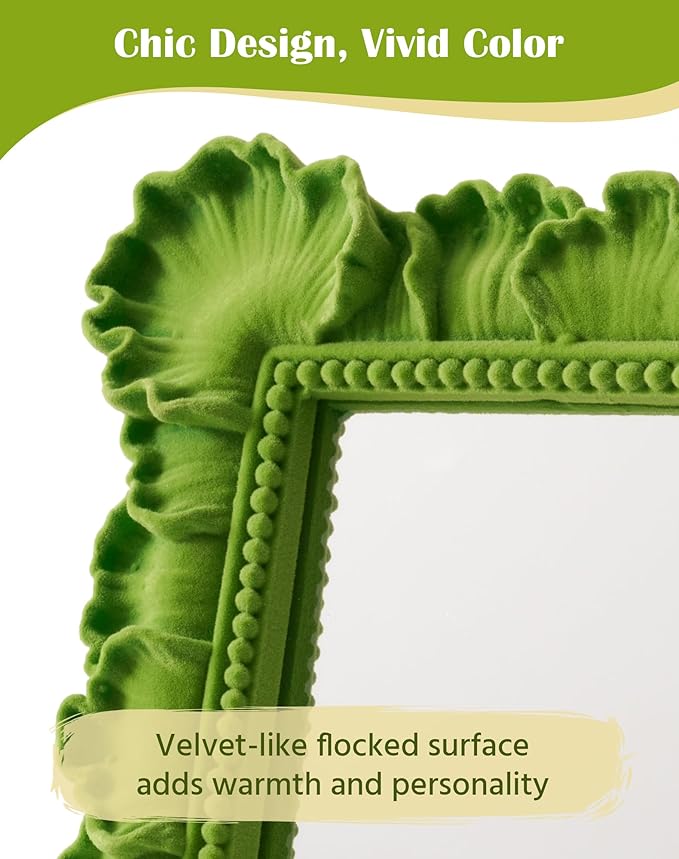 Unique Mirror Wall Decor with Resin Leaf Frame and Soft Velvet Touch for Bedroom Aesthetic, 14x12 Decorative Hanging Mirror Art Gift for Wedding Birthday Housewarming Christmas (Lawn Green)