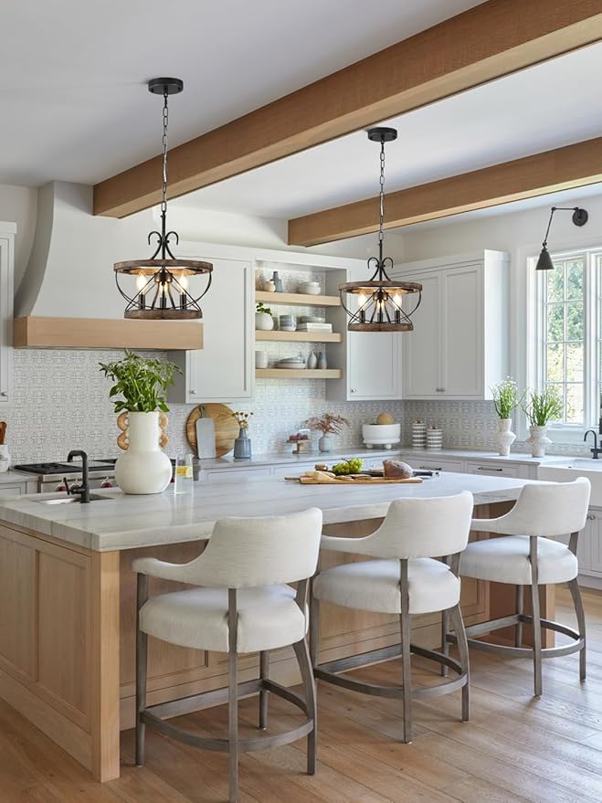 12 Inch Farmhouse Chandelier Light Fixture, 3-Light French Country Rustic Chandeliers Drum Hanging Pendant Lighting Over Table for Kitchen, Island, Dining, Room, Entryway, Foyer