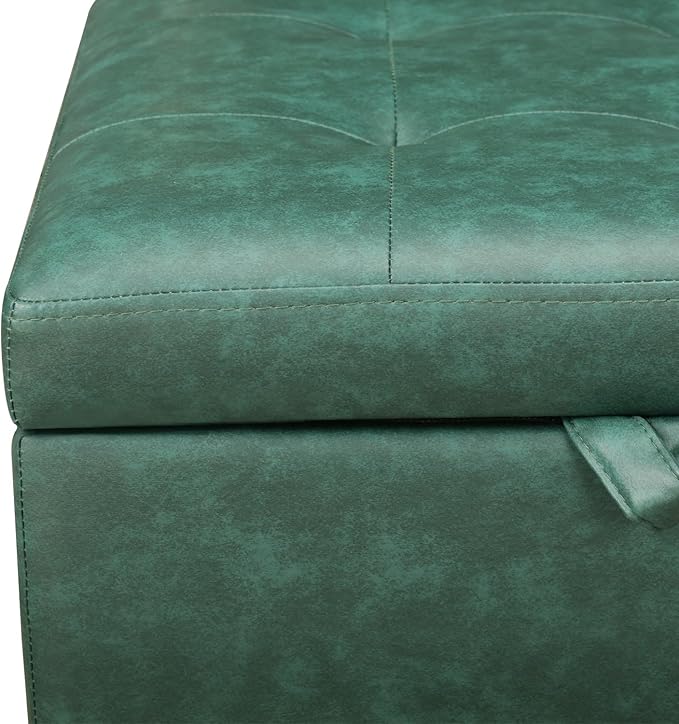 Adeco Faux Leather Storage Ottoman, 14-inch Square Cube Footrest Stool for Living Room & Bedroom, Upholstered Vanity Seat with Solid Wood Legs and Hinged Lid, Dark Green