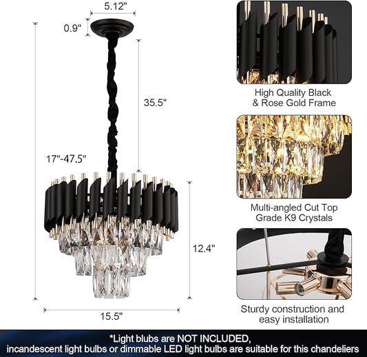 Modern Crystal Chandeliers 3 Tiers Black and Gold Pendant Light Fixtures 16” Round Flush Mount Chandeliers Ceiling Lighting Dimmable for Living Room Dining Room Foyer Bedroom Kitchen