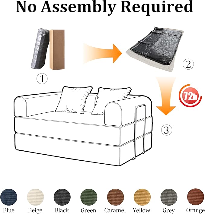 53.15'' Convertible Compressed Corduroy Folding Cloud Sofa Bed, Modern Boneless Pull Out Loveseat Sleeper in a Box, 4 in 1 Floor Mattress Futon Cloud Couch, No Assembly Needed, Beige, 2 Pillows, Full